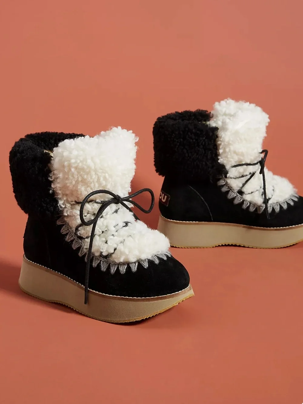 Mou Black and White Shearling Lace-Up Platform Boot